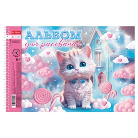 Альбом для рисования А4 40 л., спираль, металлизация + выборочный лак, HATBER, 198х300 мм, "Котики-зефирки" (4 вида), 085245, 40А4мтлВсп