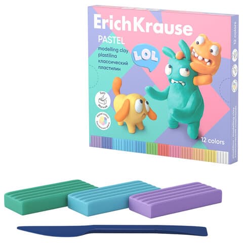 Пластилин классический ERICH KRAUSE "Jolly Friends pastel", 12 цветов, 216 г, со стеком, 61352