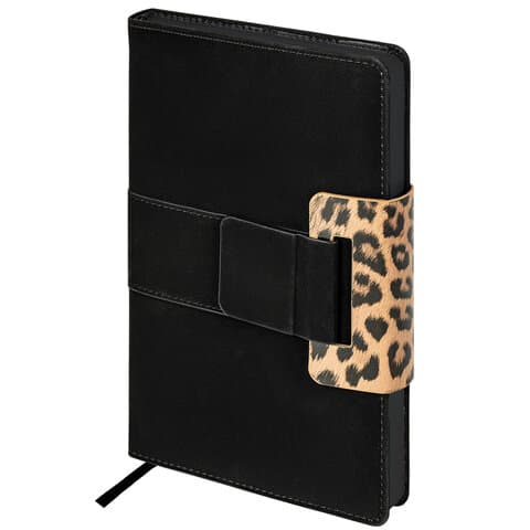 Ежедневник недатированный А5 138х213 мм, BRAUBERG "Safari", под кожу, магнит, 160 л., Leopard, черный, 116592