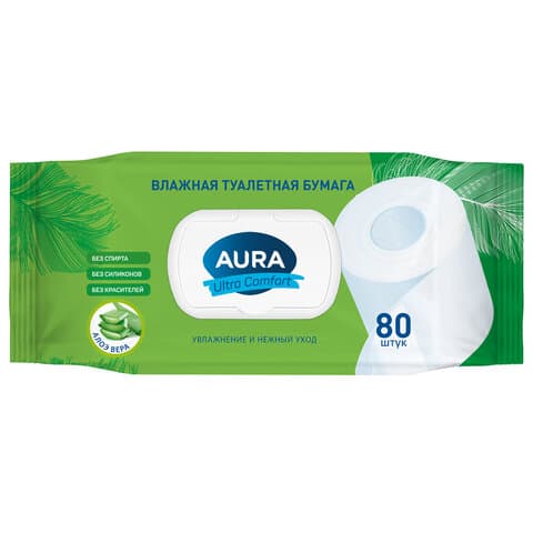 Бумага туалетная влажная 80 шт., AURA "Ultra Comfort" с пластиковым клапаном, 14055