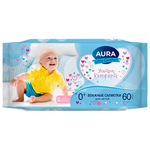 Салфетки влажные детские 60 шт., AURA Ultra Comfort, 0+, без спирта, 8106