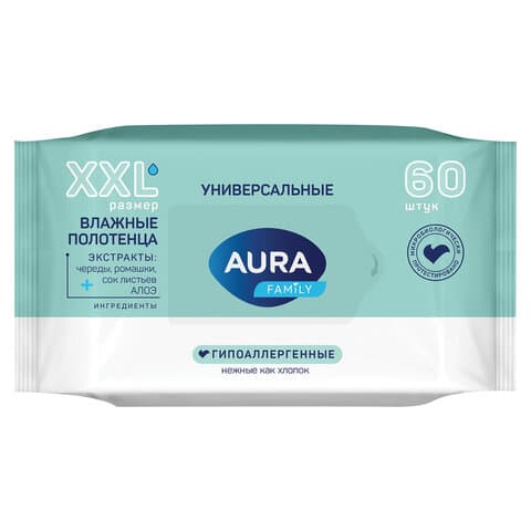 Полотенца влажные 60 шт., XXL, AURA "Family", универсальные, 14403