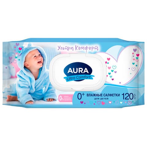 Салфетки влажные детские 120 шт., AURA Ultra Comfort с алоэ и витамином Е, 0+, крышка клапан, 14847