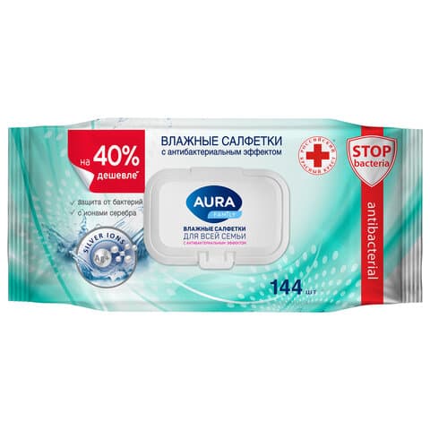 Салфетки влажные 144 шт., AURA Family, антибактериальные, для всей семьи, крышка клапан, 10393