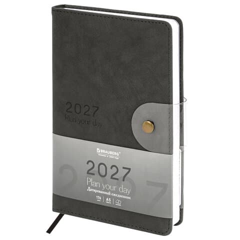 Ежедневник датированный 2027, А5, 138х213 мм, BRAUBERG "Solana", под кожу, кнопка, черный, 118218