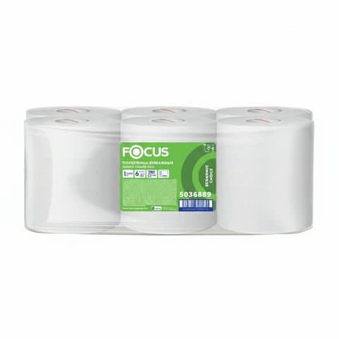 Полотенца бумажные с центральной вытяжкой 280 м, FOCUS (М2) Jumbo, 1-слойные, белые, КОМПЛЕКТ 6 рулонов, 5036889