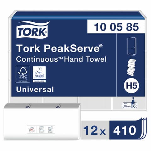 Полотенца бумажные 410 шт., TORK (Система H5) PeakServe, UNIVERSAL, КОМПЛЕКТ 12 пачек, 22,5x20 см, W-сложение, 100585