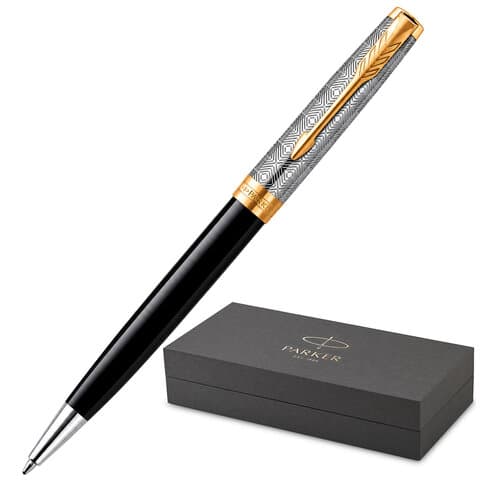 Ручка шариковая PARKER "Sonnet Premium Metal Black GT", корпус серебристый, детали золото, черная, 2119787