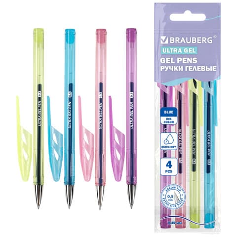 Ручки гелевые "BRAUBERG ULTRA GEL PASTEL", НАБОР 4 ШТУКИ, СИНИЕ, стандартный наконечник 0,5 мм, линия письма 0,35 мм, 144282