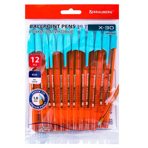 Ручки шариковые BRAUBERG X-30 ORANGE, КОМПЛЕКТ 12 шт., СИНИЕ, пишущий узел 1 мм, линия письма 0,5 мм, 144334