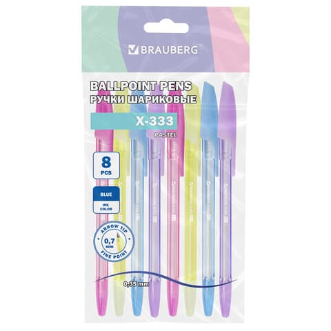 Ручки шариковые BRAUBERG "X-333 PASTEL", НАБОР 8 ШТУК, СИНИЕ, узел 0,7 мм, линия письма 0,35 мм, 144531