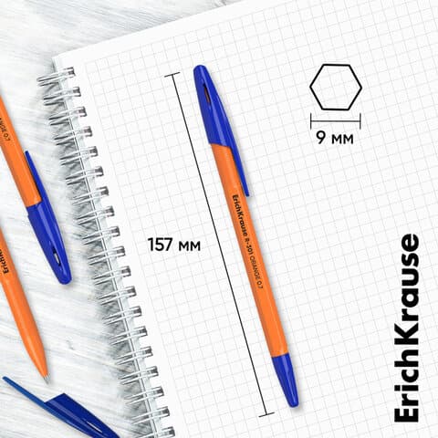Ручки шариковые ERICH KRAUSE R-301 "Stick Orange", СИНИЕ, набор 8 штук, 0,7 мм, 56614