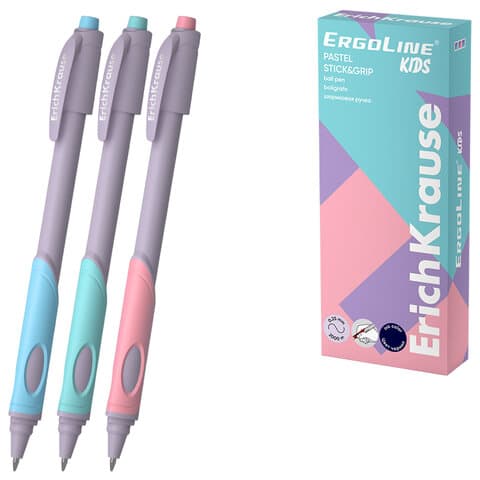 Ручка шариковая с грипом ERICH KRAUSE "ErgoLine Kids Pastel", СИНЯЯ, корпус ассорти, 0,25 мм, 62037