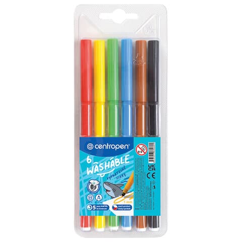 Фломастеры 6 ЦВЕТОВ CENTROPEN "Washable", смываемые, вентилируемый колпачок, 7790/6TP, 777900685