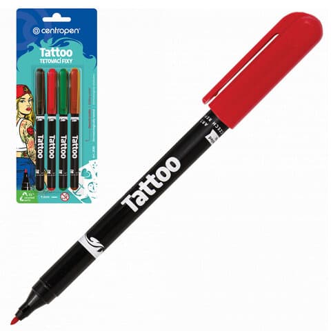 Фломастеры для кожи 4 ЦВЕТА CENTROPEN "Tattoo", + 16 трафаретов, смываемые, 2880/4BL, 628800405