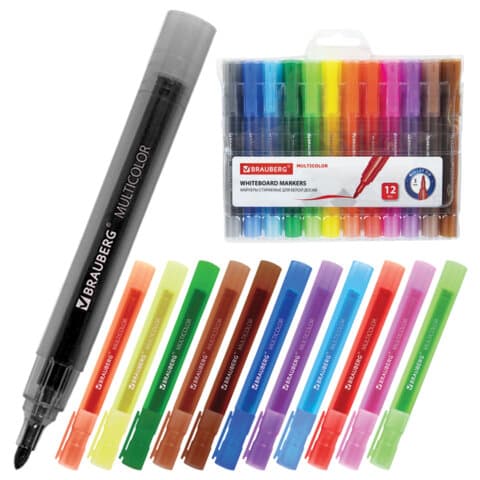 Маркеры стираемые для белой доски НАБОР 12 ЦВЕТОВ, BRAUBERG "MULTICOLOR", 3 мм, 152121