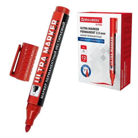 Маркер перманентный ULTRA MARKER, КРАСНЫЙ, 3,5 мм, с клипом, BRAUBERG, 152205