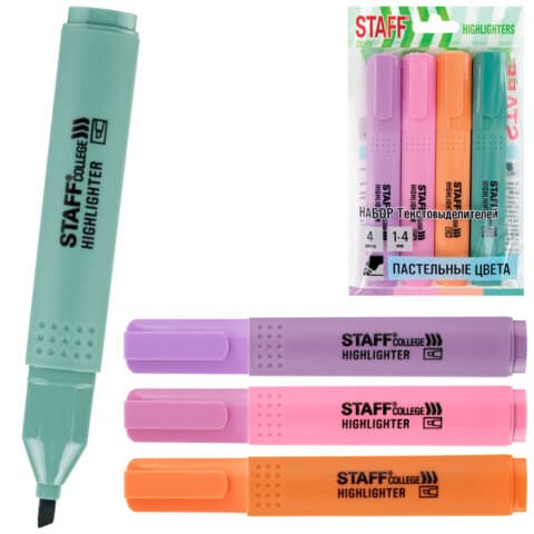 Набор текстовыделителей 4 ПАСТЕЛЬНЫХ ЦВЕТА, АССОРТИ, STAFF College "STICK PASTEL", линия письма 1-4 мм, скошенный наконечник, 152531