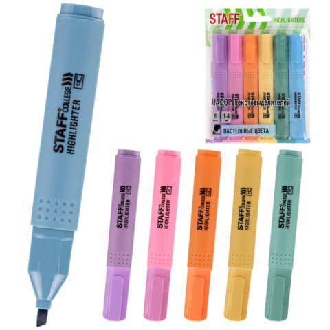 Набор текстовыделителей 6 ПАСТЕЛЬНЫХ ЦВЕТОВ, АССОРТИ, STAFF College "STICK PASTEL", линия письма 1-4 мм, скошенный наконечник, 152532