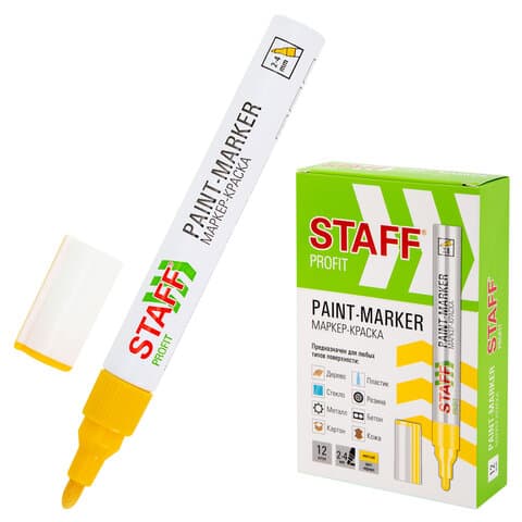 Маркер-краска лаковый (paint marker) 2-4 мм, ЖЕЛТЫЙ, НИТРО-ОСНОВА, STAFF PROFIT, для любых поверхностей, 152583