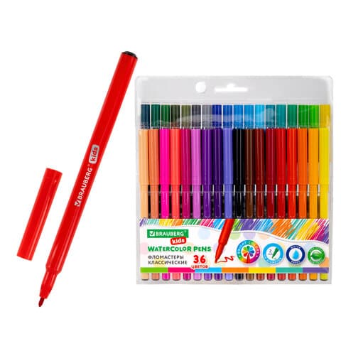 Фломастеры BRAUBERG KIDS КЛАССИЧЕСКИЕ 36 цветов, вентилируемый колпачок, ПВХ-упаковка, 152603