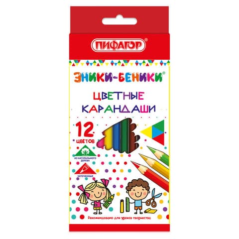 Карандаши цветные ПИФАГОР "ЭНИКИ-БЕНИКИ", 12 цветов, шестигранные, натуральное дерево, 181346