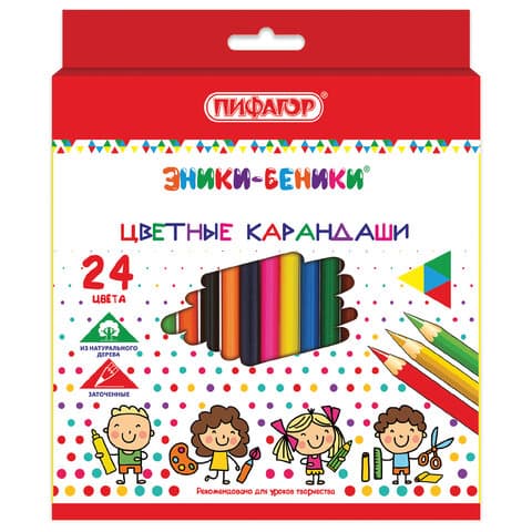 Карандаши цветные ПИФАГОР "ЭНИКИ-БЕНИКИ", 24 цвета, шестигранные, натуральное дерево, 181348