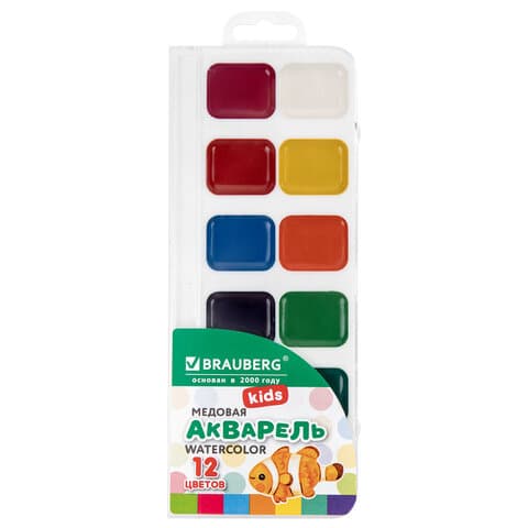 Краски акварельные BRAUBERG KIDS NEW, медовые, 12 цветов, квадратные кюветы, пластиковый пенал с европодвесом, 192796