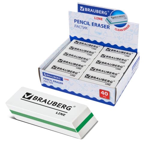 Ластик BRAUBERG "Line", 57х18х8 мм, белый, прямоугольный, скошенные края, 221036