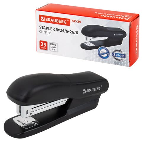 Степлер №24/6, 26/6 BRAUBERG "SX-39", до 25 листов, черный, 228590
