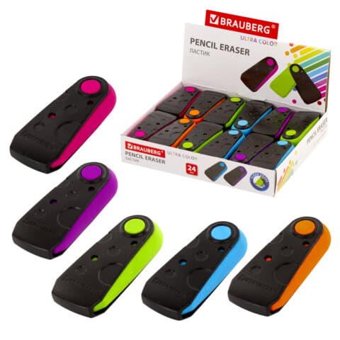 Ластик BRAUBERG "ULTRA COLOR", 57х24х15 мм, ассорти, черный пластиковый футляр, 229562