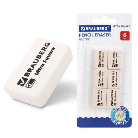 Ластики BRAUBERG "Ultra Square" 6 шт., размер ластика 29х18х8 мм, белые, натуральный каучук, 229603