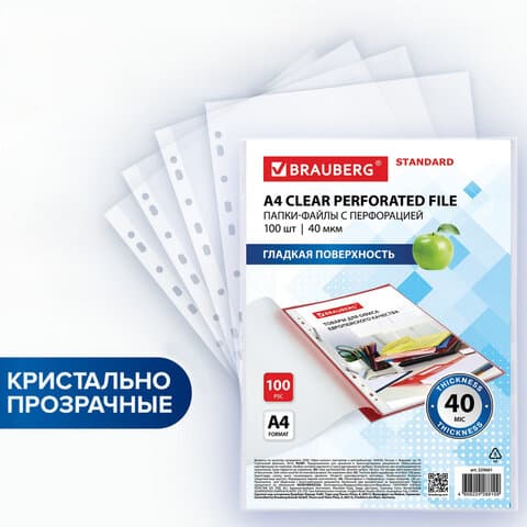 Папки-файлы перфорированные А4 BRAUBERG "STANDARD", КОМПЛЕКТ 100 шт., гладкие, 40 мкм, 229661