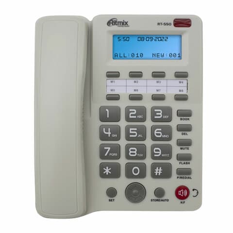 Телефон RITMIX RT-550 white, АОН, спикерфон, память 100 номеров, тональный / импульсный режим, белый, 80002154