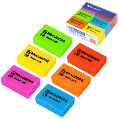 Ластики BRAUBERG NEON SOFT НАБОР 12 штук, размер ластика 31х20х10 мм, экологичный ПВХ, 271339