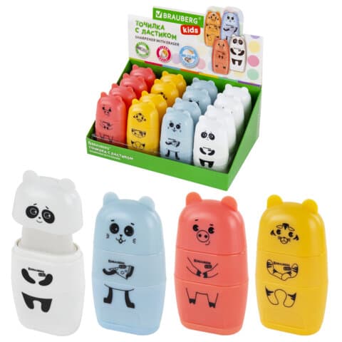 Точилка с ластиком 2 в 1 BRAUBERG KIDS "Зверушки", 2 отверстия, дизайн ассорти, 271989