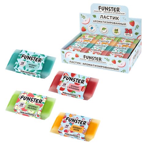 Ластик ароматизированный FUNSTER (ФАНСТЕР) "SWEET", 54х23х10 мм, скошенный, картонный держатель, экологичный ПВХ, ассорти, 272727