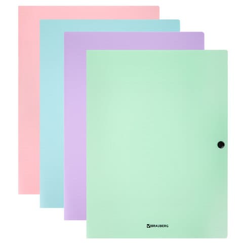 Папка на кнопке пластиковая BRAUBERG "PASTEL", А4, 3 клапана, 600 мкм, цвета ассорти, 272886