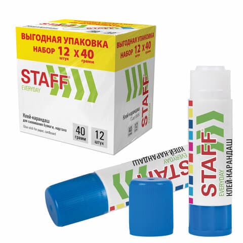 Клей-карандаш 40 г, ВЫГОДНАЯ УПАКОВКА, КОМПЛЕКТ 12 ШТУК, STAFF EVERYDAY, 273019