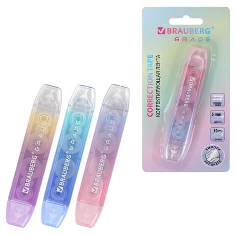 Корректирующая лента двусторонняя BRAUBERG "GRADE PASTEL", 5 мм x 10 м, корпус ассорти, блистер, 273025