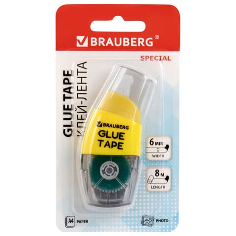 Клей-лента BRAUBERG SPECIAL, 6 мм х 8 м, корпус жёлтый, блистер, 273028