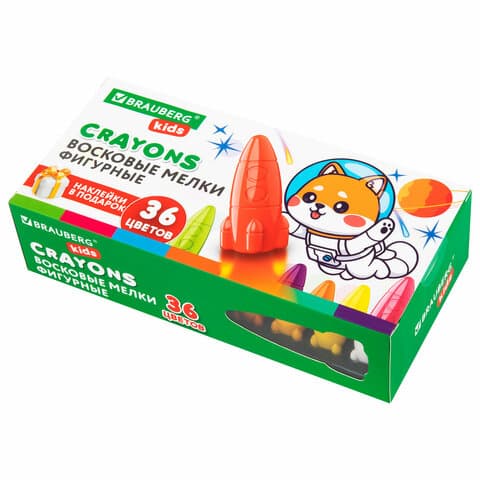 Восковые мелки фигурные BRAUBERG KIDS "РАКЕТА", НАБОР 36 цветов + НАКЛЕЙКИ В ПОДАРОК, 273084