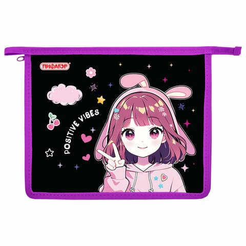 Папка для тетрадей ПИФАГОР А5, 1 отделение, пластик, на молнии, "Anime sign", 273328