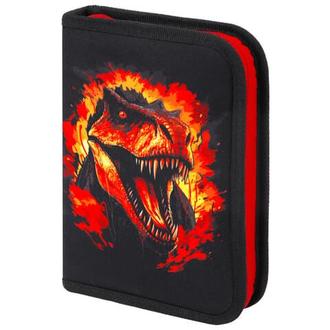 Пенал BRAUBERG с наполнением, 1 отделение, 1 откидная планка, 24 предмета, 21х14 см, "Fire dino", 273535