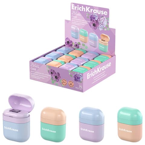 Точилка ERICH KRAUSE "Case Pastel Bloom" с контейнером, пластиковая, корпус ассорти, 60039