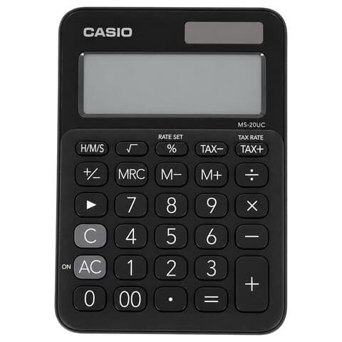 Калькулятор настольный CASIO MS-20UC-BK-W-EC (15х10,5х2,3 см), 12 разрядов, двойное питание
