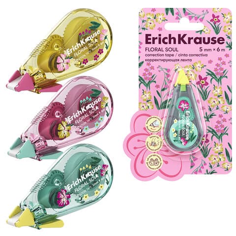 Корректирующая лента ERICH KRAUSE "Floral Soul", 5 мм х 6 м, корпус ассорти, блистер, европодвес, 62738