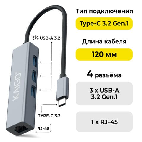 Хаб-разветвитель KG-096A, Type-C 3.2, высокоскоростной, 4 в 1, 3 х USB-A 3.2, 1 x RJ-45, 120 мм, серый, KAIGO (КАЙГО) SMART, 355061