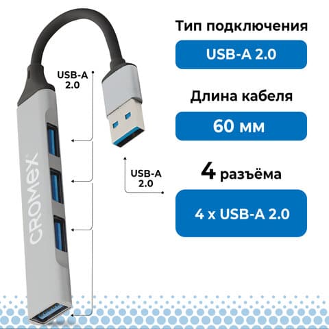Хаб-разветвитель CRX-087, USB-A 2.0, 4 в 1, 4 x USB-A 2.0, 60 мм, серый, CROMEX (КРОМЕКС), 355064
