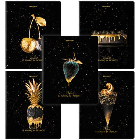 Тетрадь А5, 48 л., BRAUBERG, скоба, клетка, матовая ламинация, фольга, "Black&Gold" (микс в спайке), 404370
